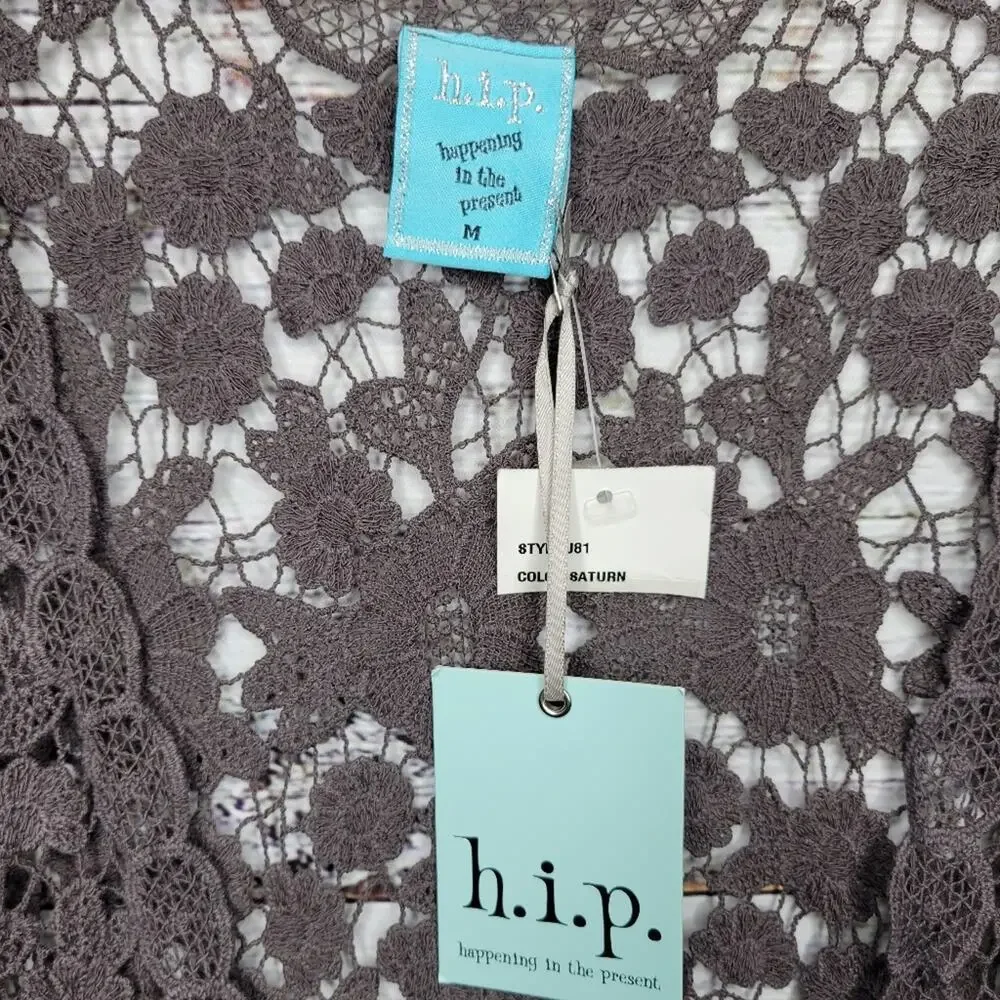h.i.p. Boho Floral Crochet Knit Lace Vest Grey | Medium